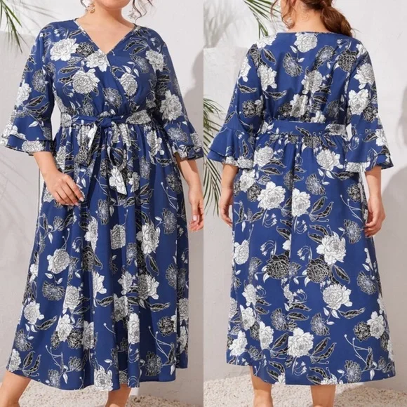city chic blue floral dress City Chic Plus Size Short Sleeve Bluebell Print Wrap Midi Dress